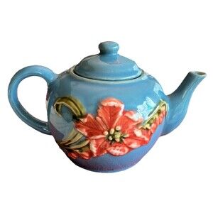 Vintage April Cornell Floral Blue Ceramic Tea Coffee Pot Cottage French Country